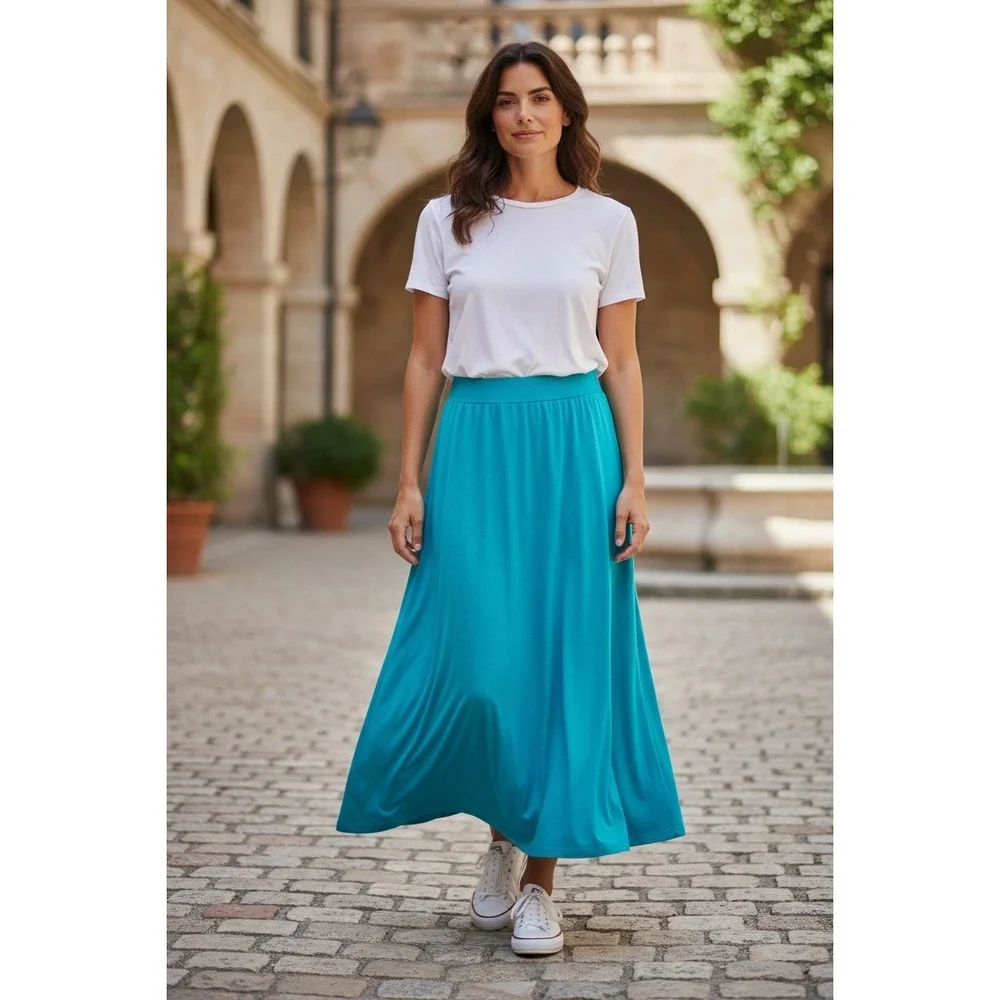 Dress barn Maxi Skirt Large Turquoise Aqua Pull on Stretch A-Line NWT Women's